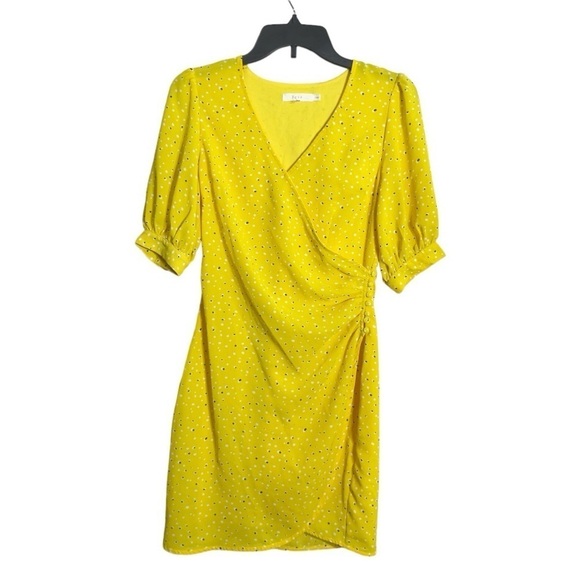 Lush Yellow Polka Dot Wrap Dress Size Small | Ruched Side Button Mini - Picture 2 of 10